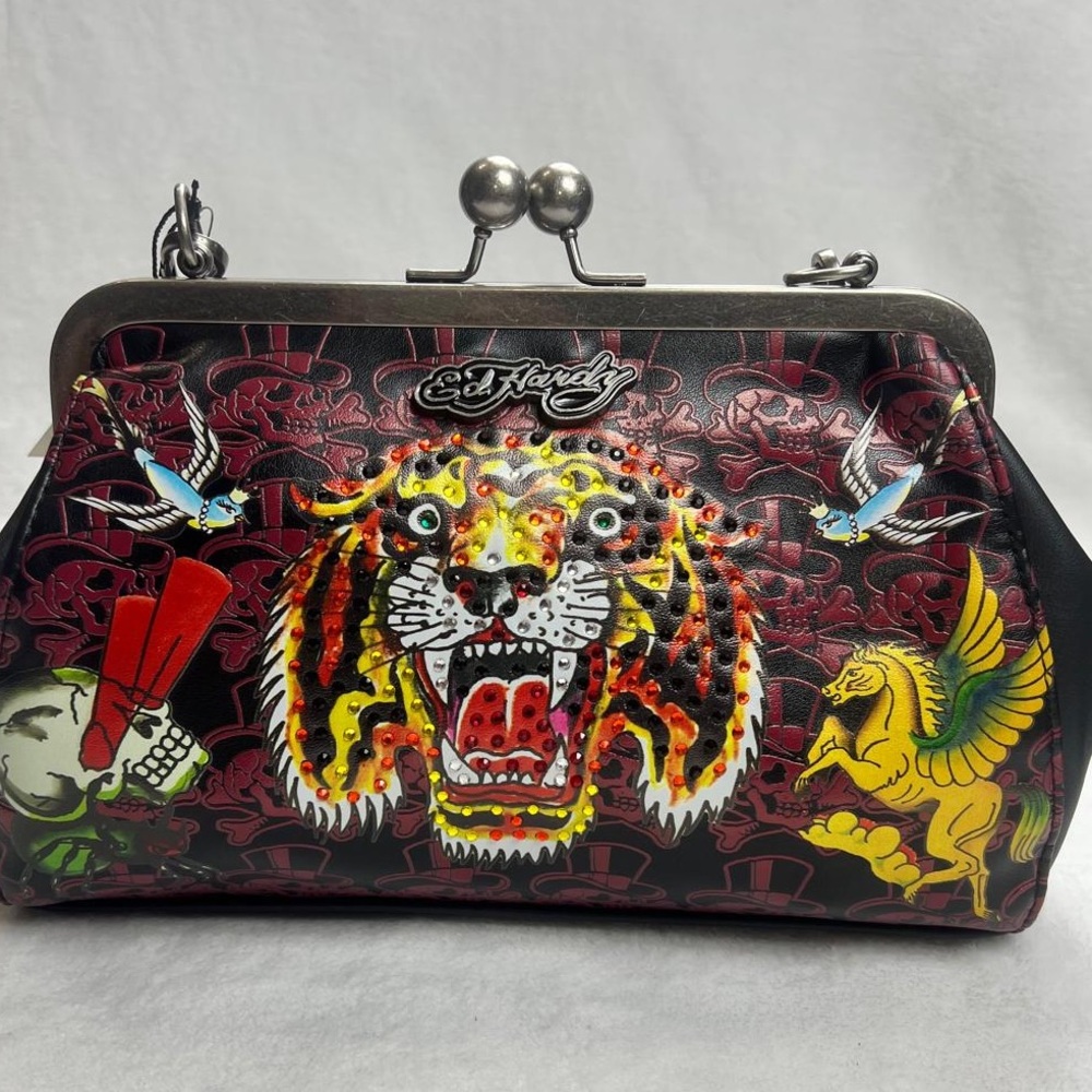 Ed Hardy Black and Cream Tiger Pattern Bag